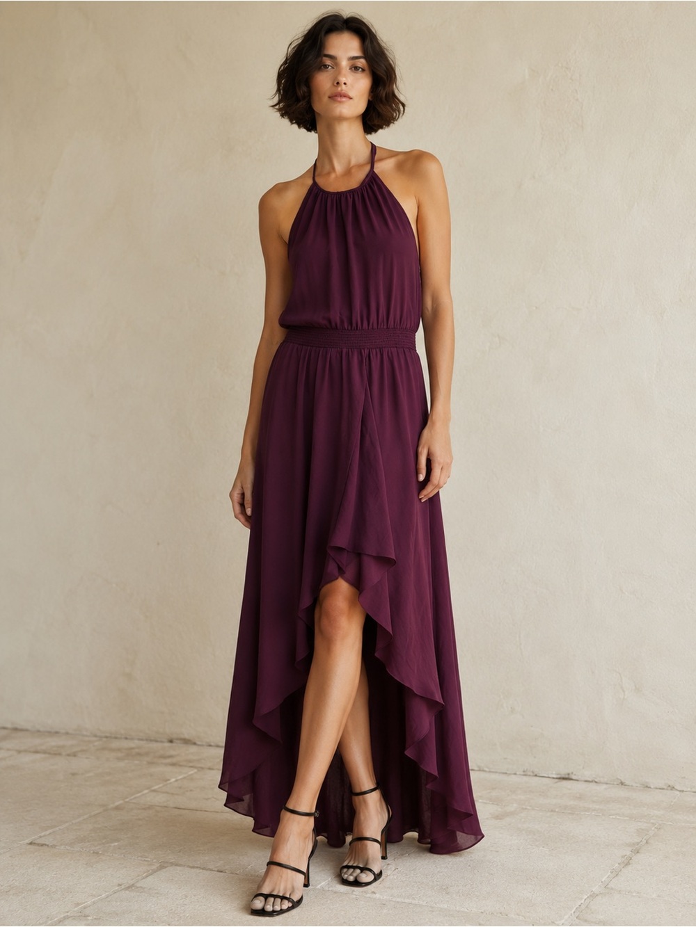 HAUTE HIPPIE Cognac Burgundy High-Low Halter Maxi Dress XS NWT MSRP $295